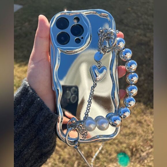Silver Mirror iPhone 16 Case with Chain and Beads - Picture 6 of 9